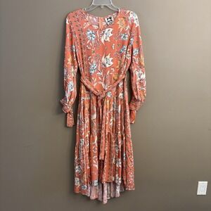 Jaase Boho Large Floral‎ High Low Tiered Flowy Artsy Long Sleeve Dress Orange